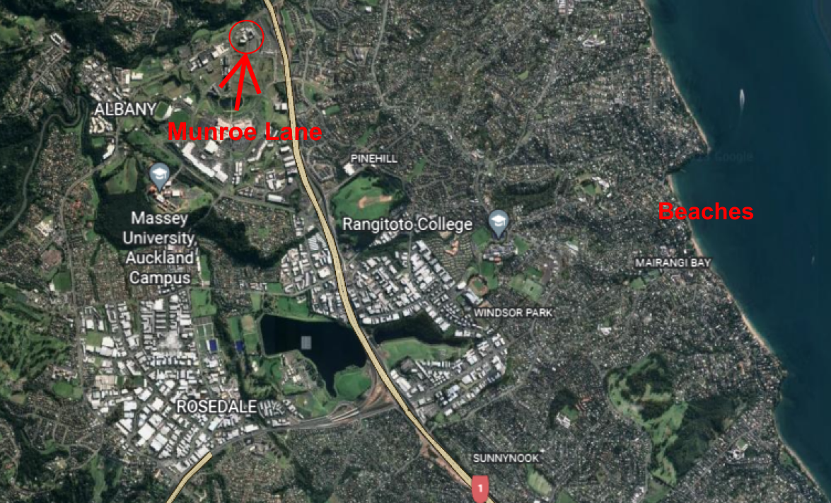 North Shore Auckland, showing wider Albany area, 6-8 Munroe Lane, and East Coast Bay's beaches. Source: Bayley Capital analysis